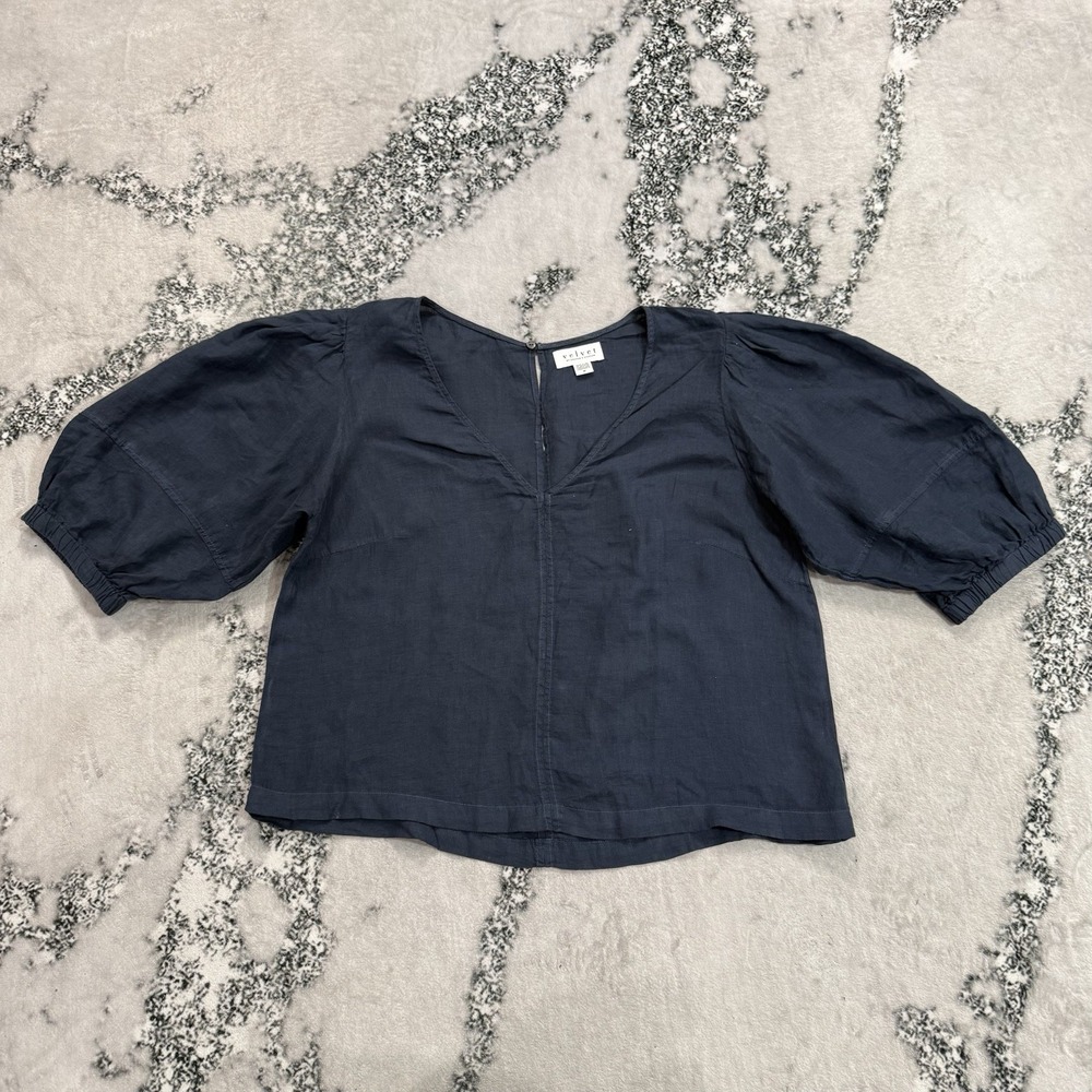 Velvet Graham Spencer Womens Sz M Navy Linen Blouse Puff Sleeve V Neck Made USA
